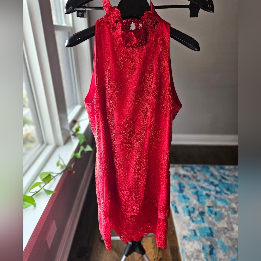 High collar red lace dress Belle by Badgley Mischka